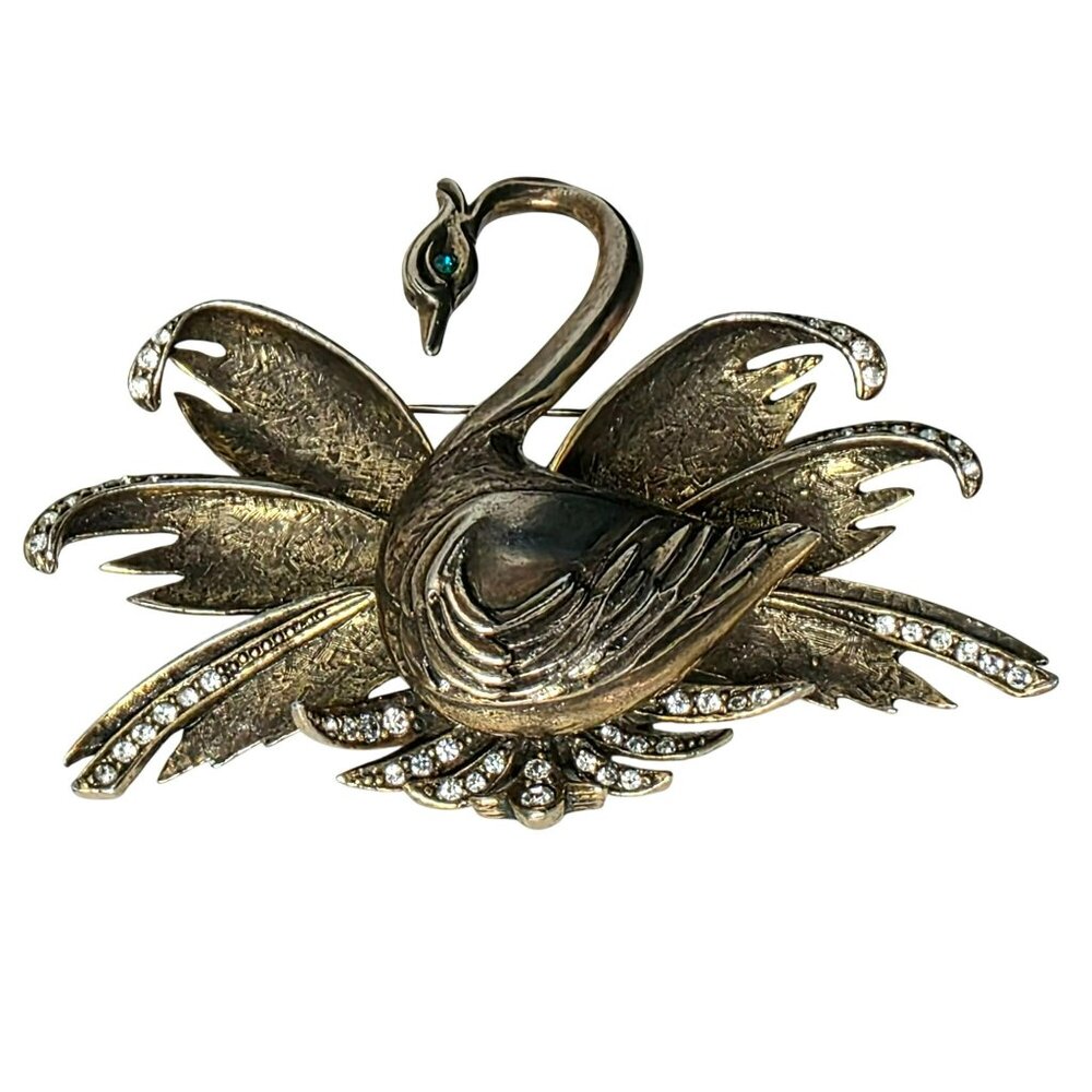 Vintage Swan Brooch Rhinestones Figural Bird Pin Mid Century Statement Gold-Tone - Picture 4 of 15